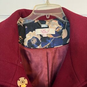 Eliza J coat. cranberry, hidden gold clasp closure, 37”from shoulder to hem